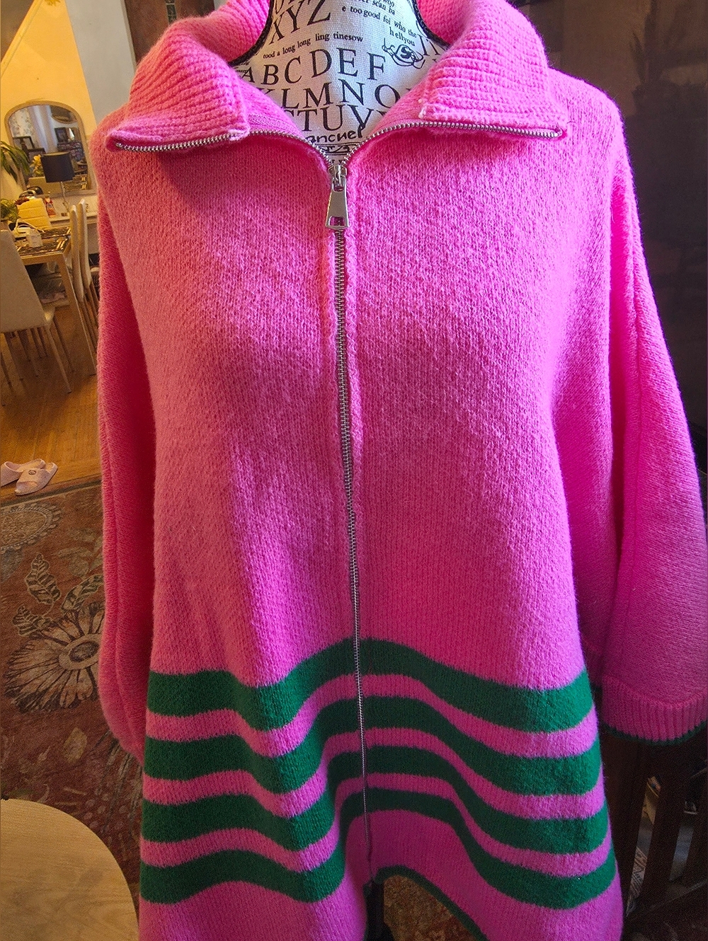Do everything in love Pink Zip Cardigan with Green Stripes